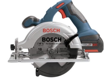 Side profile of a Bosch 18 volt cordless circular saw.