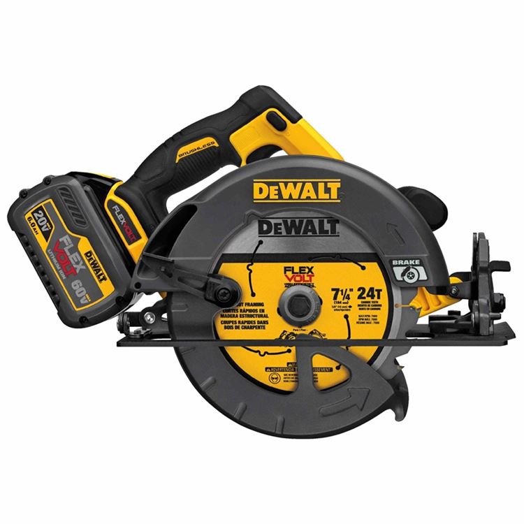 Profile photo of DeWalts FLEXVOLT circular saw with their 60 volt* battery.