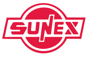 The original Sunex Tools logo from 1977, Red Lettering on a white background.