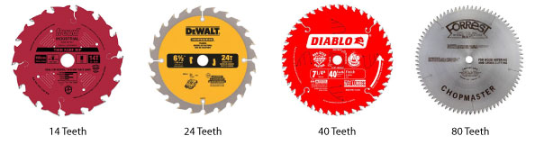 Four different miter saw blades with different teeth sizes. 