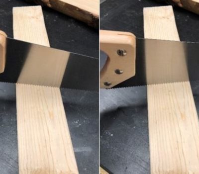 Use the reflection on your hand saw to determine if the cut is square.