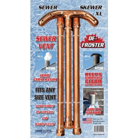 Sewer Skewer is a Sewer Vent Defroster and Prevents  Sewer Vent  Freeze-up.- Fits Any Size Pipe Just drop it in and Keeps Sewer Vents Clear all winter long. - No Measuring It begins to work