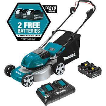 Makita 18 Volt X2 (36 Volt) LXT Lithium‑Ion Brushless Cordless 18 Inch Lawn Mower Kit with 4 Batteries