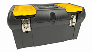 Stanley black and yellow hand carry plastic tool box with metal latches.