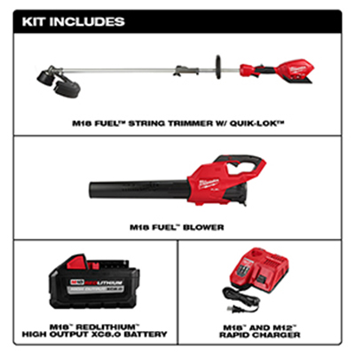 The tools included in the Milwaukee M18 FUEL String Trimmer & Blower Combo Kit.