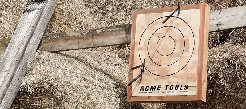 Axes sit in an advanced axe throwing target.