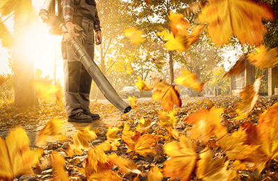 A person uses a lead blower to remove leaves from a sidewalk.