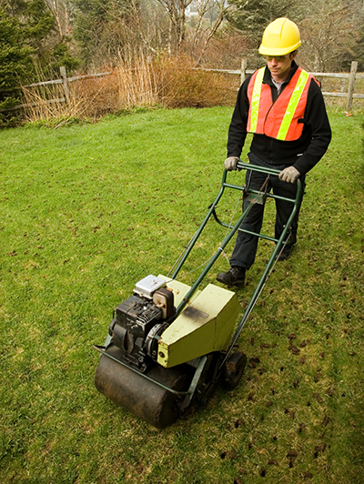 A worker uses a core aerator on a lawn.
