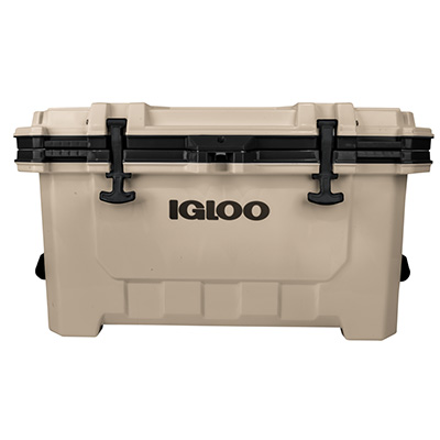Large Igloo hard sided cooler with flip top lid and side carrying handles.