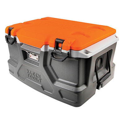 Klein Tools hard sided cooler with side carry handles and a flip top opening.