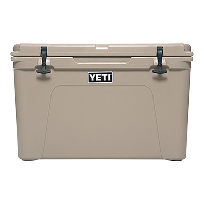Large Yeti hard sided cooler with flip open top lid.