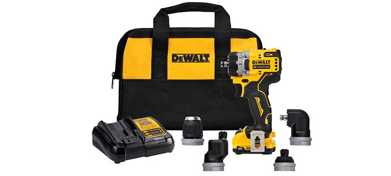 dewalt dcd703 feature image. drill and all 4 attachments with contractor bag
