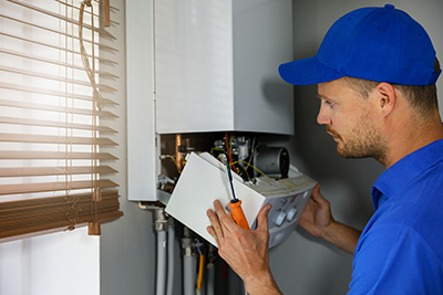 An electrician performs maintenance on a water heater.