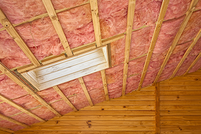 Fiberglass insulation in a ceiling.