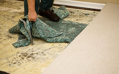 Person pulling up carpet padding from floor