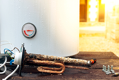 A heating element from a water heater is covered in calcium build-up.