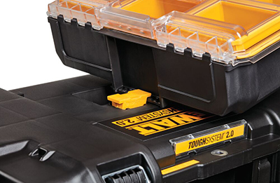 Dewalt Half-Width Organizer being locked into Toughsystem 2.0 stack.