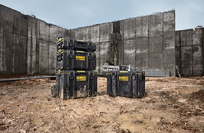 A DEWALT TOUGHSYSTEM 2.0 stack and Extra Large Tool Box on the jobsite.
