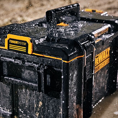 DEWALT ToughSystem 2.0 Large Tool Box sitting in the rain.