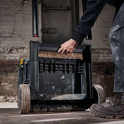 The handle is removed from a DEWALT ToughSystem 2.0 Rolling Tool Box.