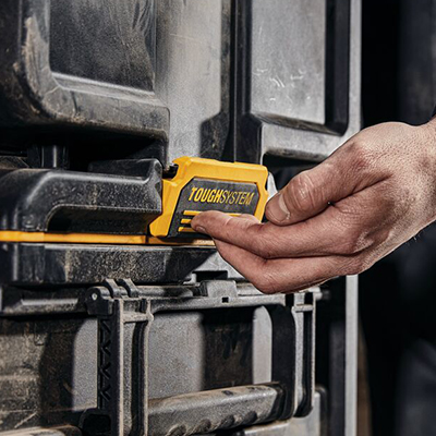 One-touch release on the AutoLock side latches of a DEWALT ToughSystem 2.0 Tool Box.