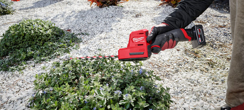 A Milwaukee M12 FUEL 8-Inch Hedge Trimmer is used to trim down a bush.