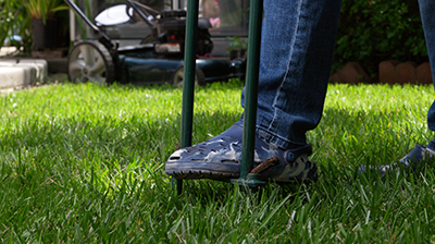 A manual aerator is used on a lawn.