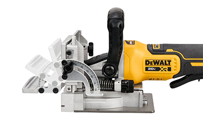 The different angles of the integral fence on the DEWALT 20V MAX XR Cordless Biscuit Joiner.
