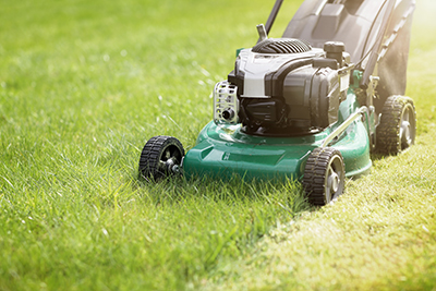 A lawn mower cuts the grass short.