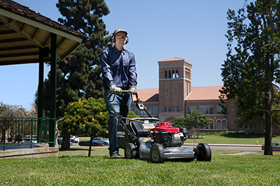 A Honda self-propelled lawn mower is used to cut grass at a park.