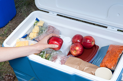 An apple is pulled from inside a cooler.