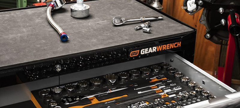 A GEARWRENCH mechanics modular tool set sits in a GEARWRENCH tool chest.