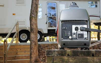 A generator sits on a table outside an RV.