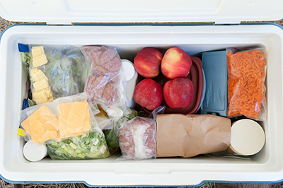 A cooler is fully stocked with food.