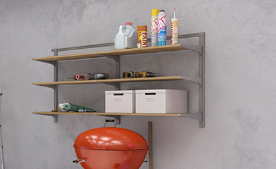 Several tools and materials sit on a shelf system.