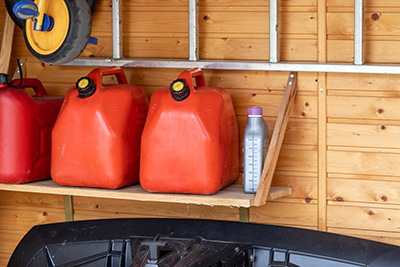 Gas cans sitting on a shelf