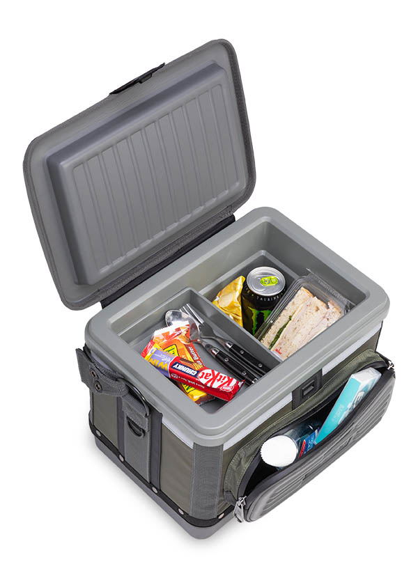 Gray Veto Pro Pac lunchbox cooler with snacks and silverware packed inside the cooler. 