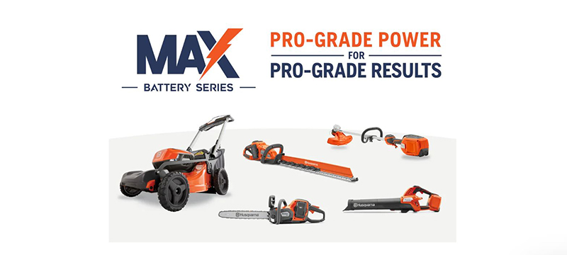 husqvarna max battery powers lawn mower, trimmer, blower, hedge trimmer, and chain saw.