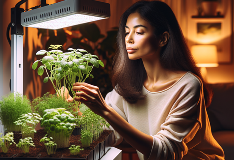 Woman growing indoor plants with grow lights